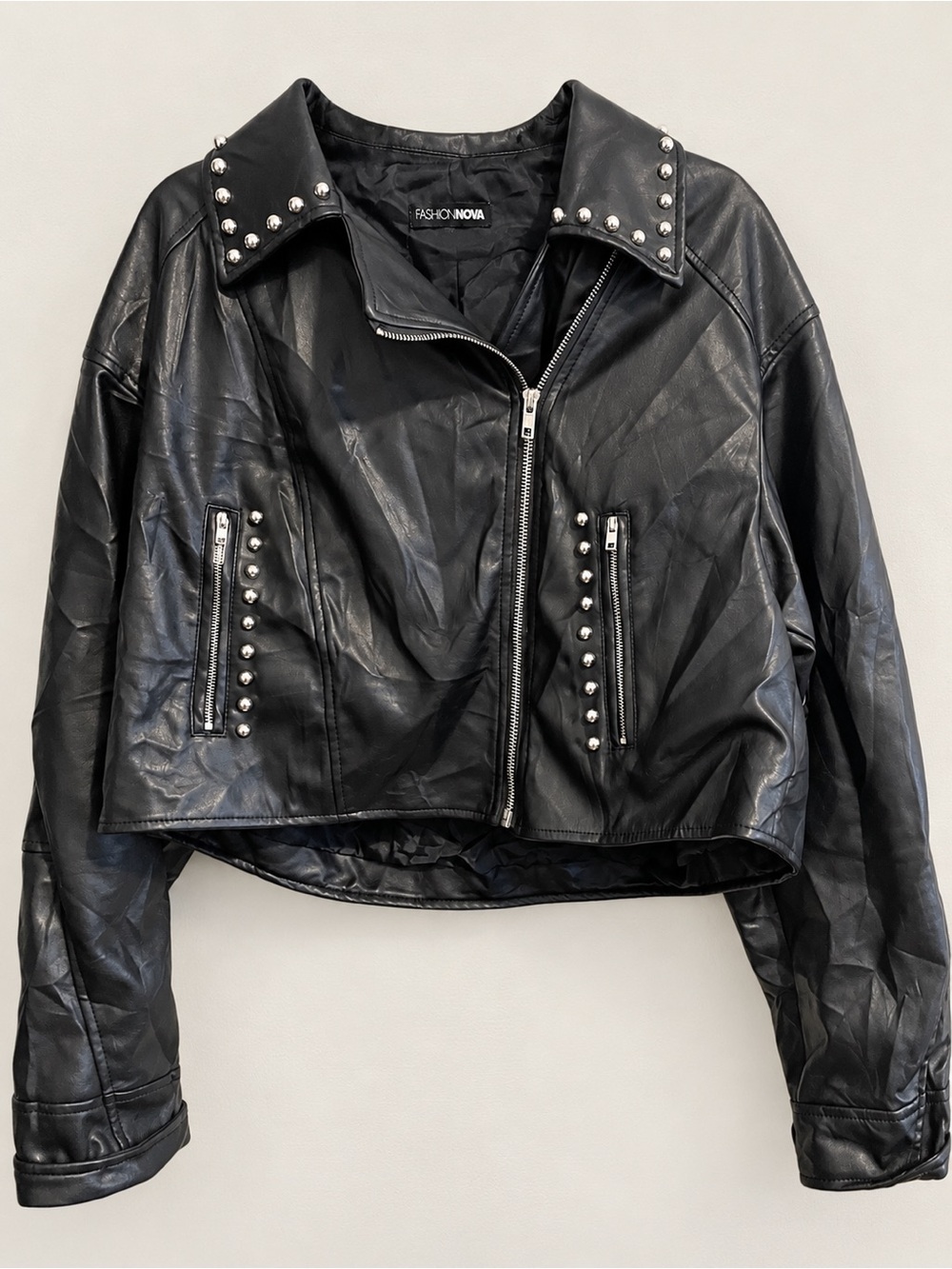 Fashion Nova Black Studded Faux Leather Moto Jacket Medium